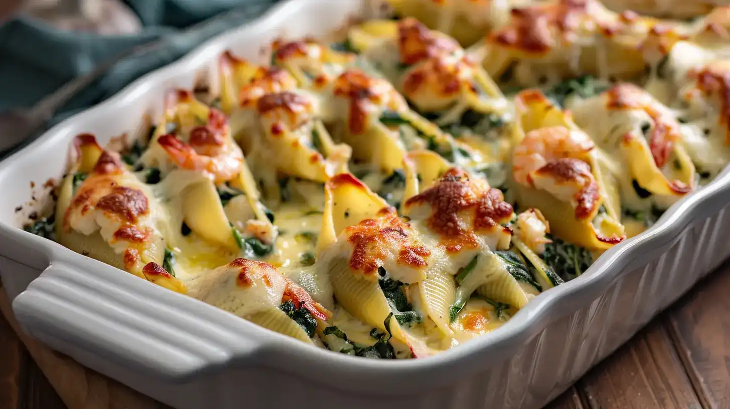 Creamy Spinach Seafood Stuffed Shells baked in garlic cream sauce