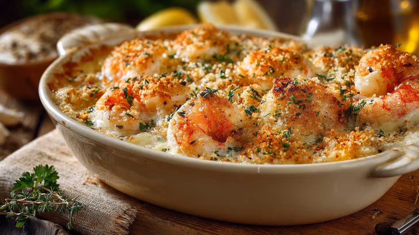 Family-Style Baked Seafood Dinner with creamy sauce and golden topping