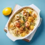 Top view of family-style baked seafood dinner recipe