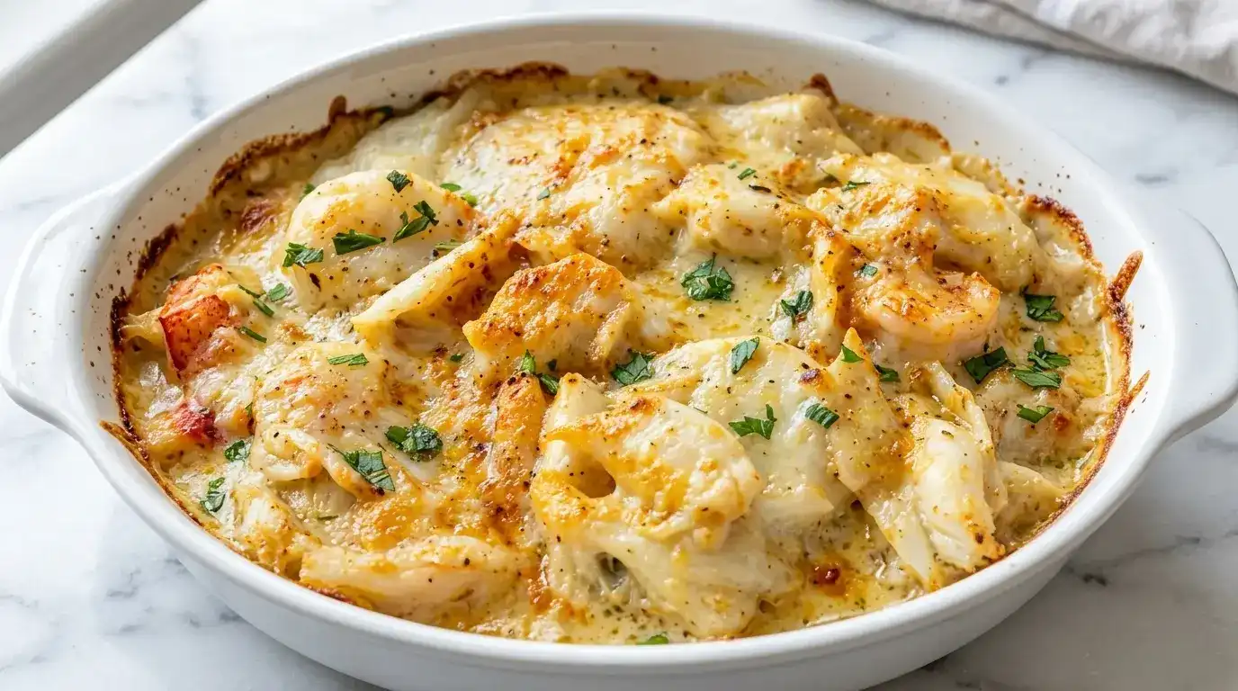 baked seafood casserole with garlic cream sauce golden and creamy