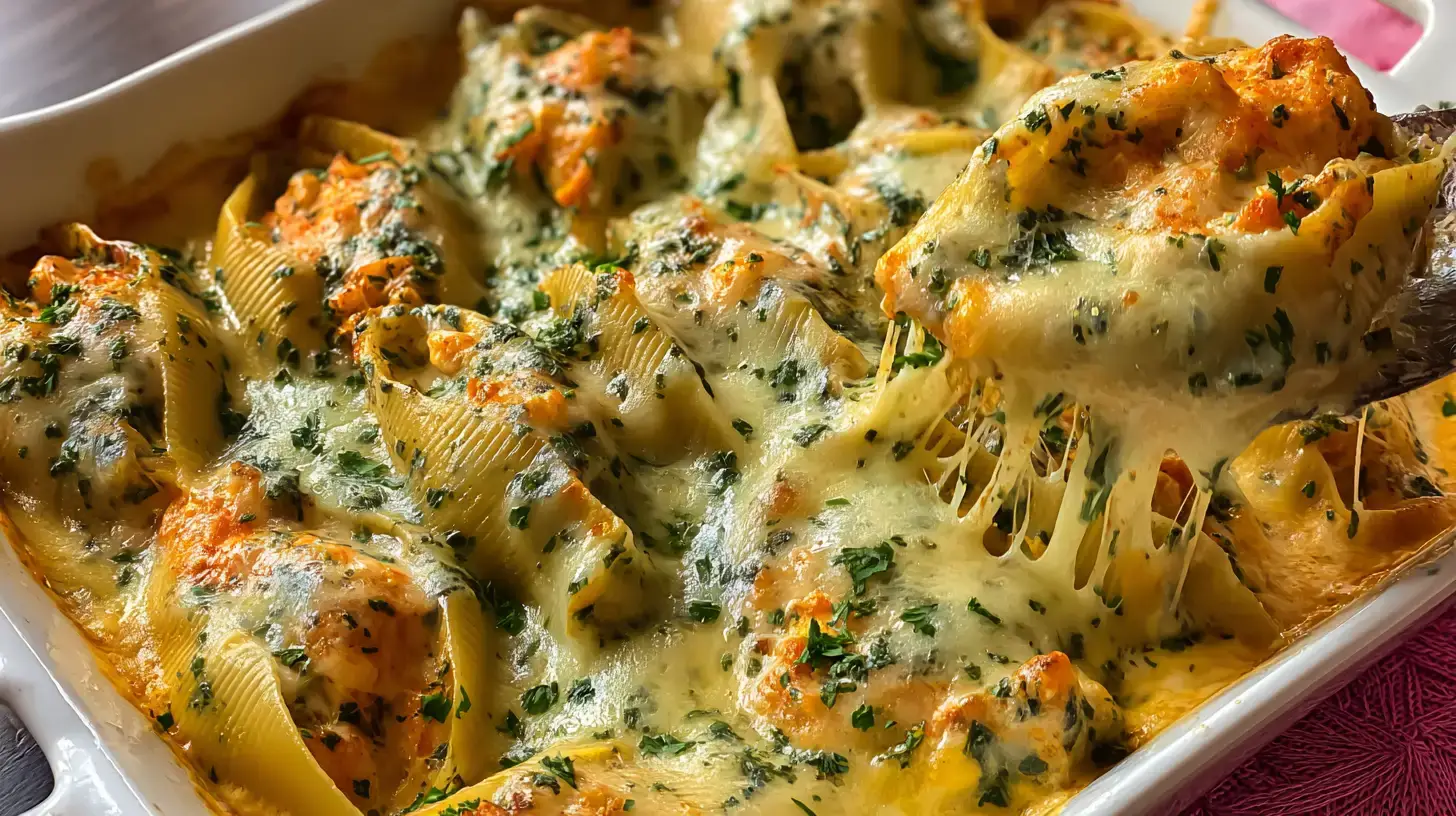Crab & Shrimp Stuffed Shells for Dinner baked with creamy sauce and golden cheese
