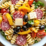classic pasta salad with tri-color rotini and vegetables