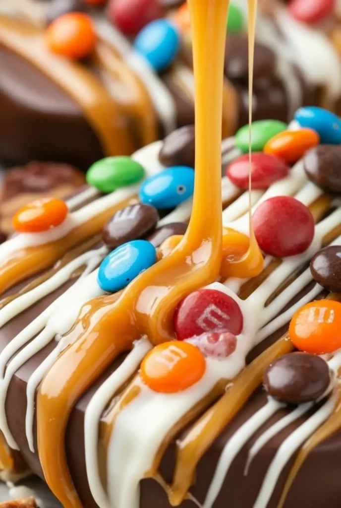Caramel Apple Slices – Easy-to-eat apple slices dipped in caramel and decorated with festive sprinkles 11 Close-up of chocolate covered Caramel Apple Slices on a serving plate with caramel drizzle and colorful toppings